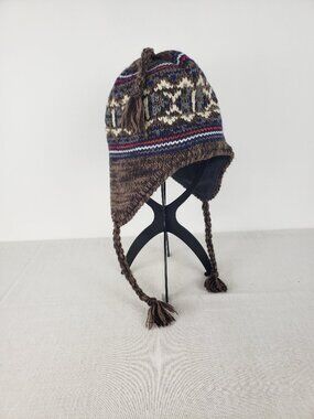 Lands End Fleece Lined Knit Chullo Hat Tassel Ear Flap Warm Winter Adults OS